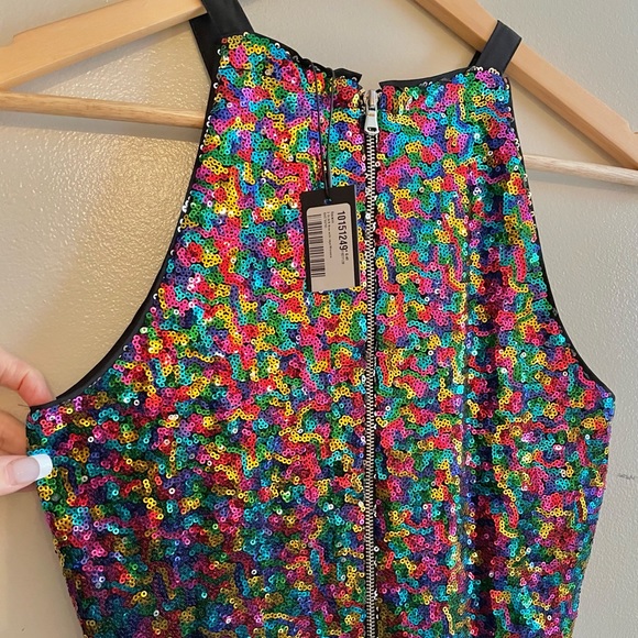 NWT (2) LE GALI rainbow sequin A line flare dress knee length high neck